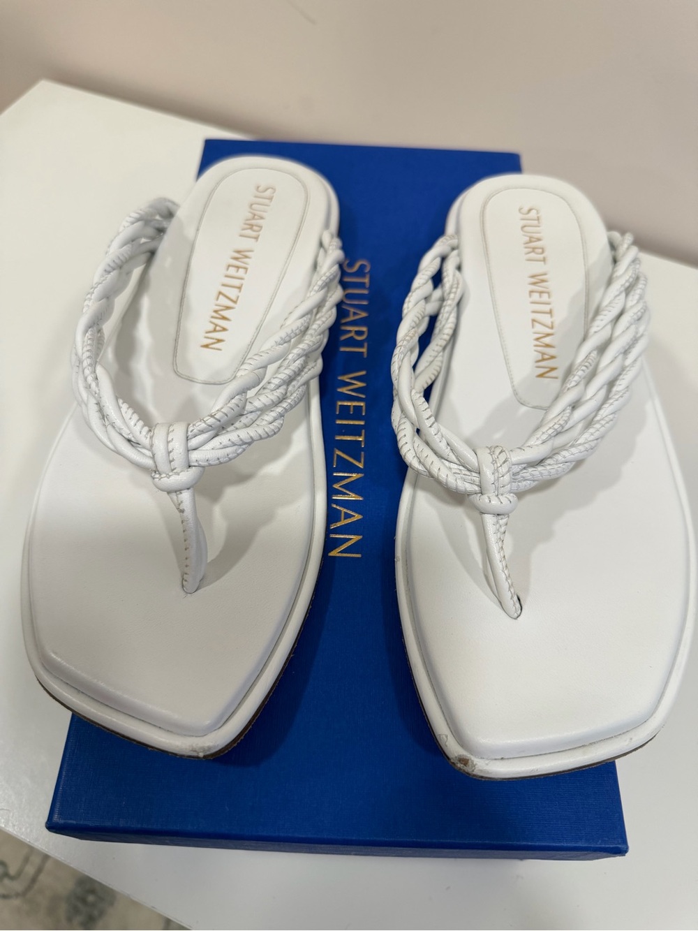 Stuart Weitzman White Braided Square-Toe Thong Sandals